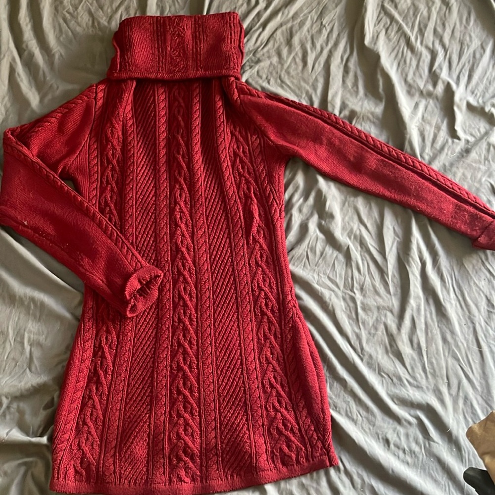 Maroon, long sleeve sweater dress with turtleneck